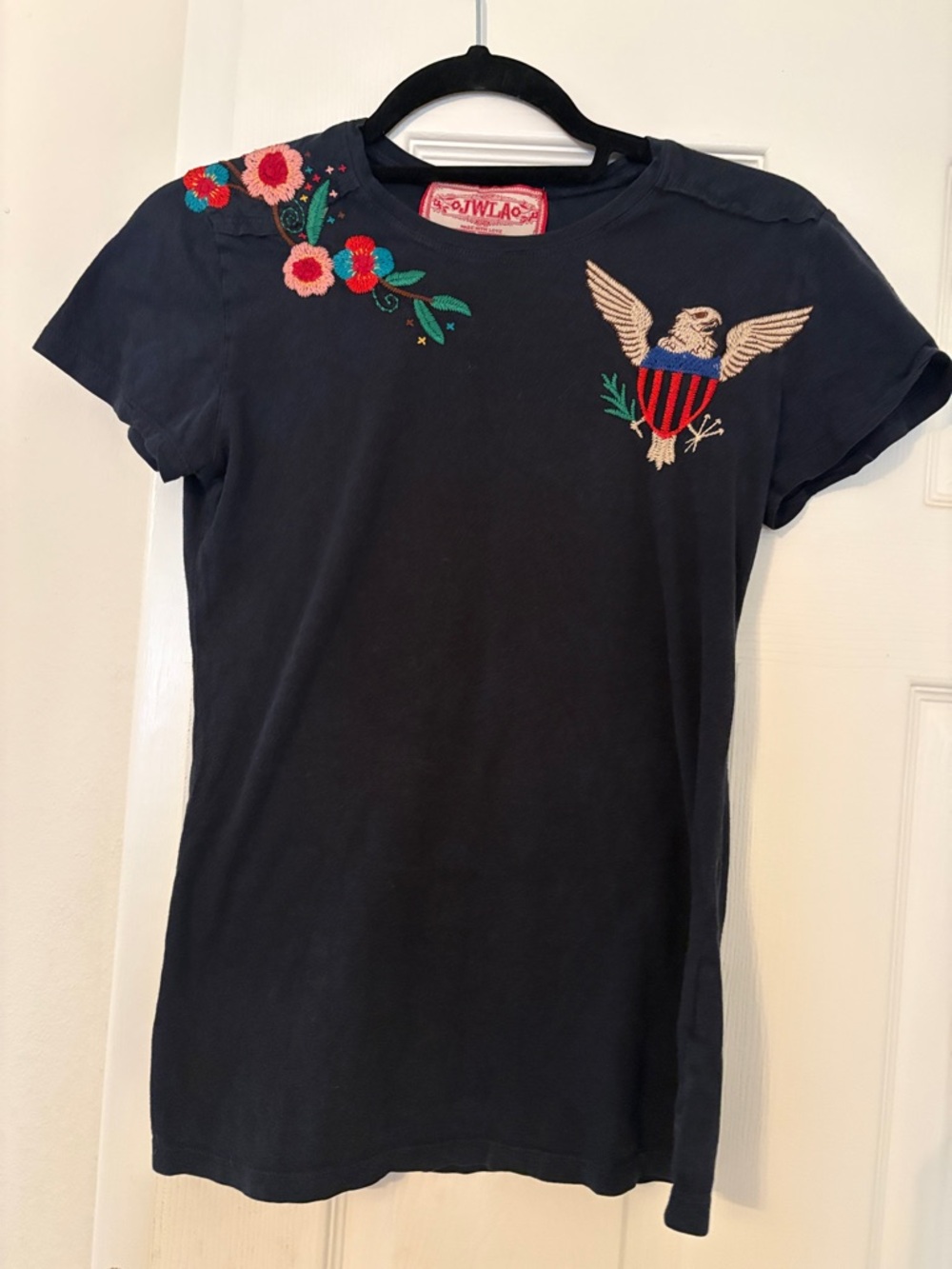 Johnny Was Navy Tee with Embroidered Eagle and Floral Accents